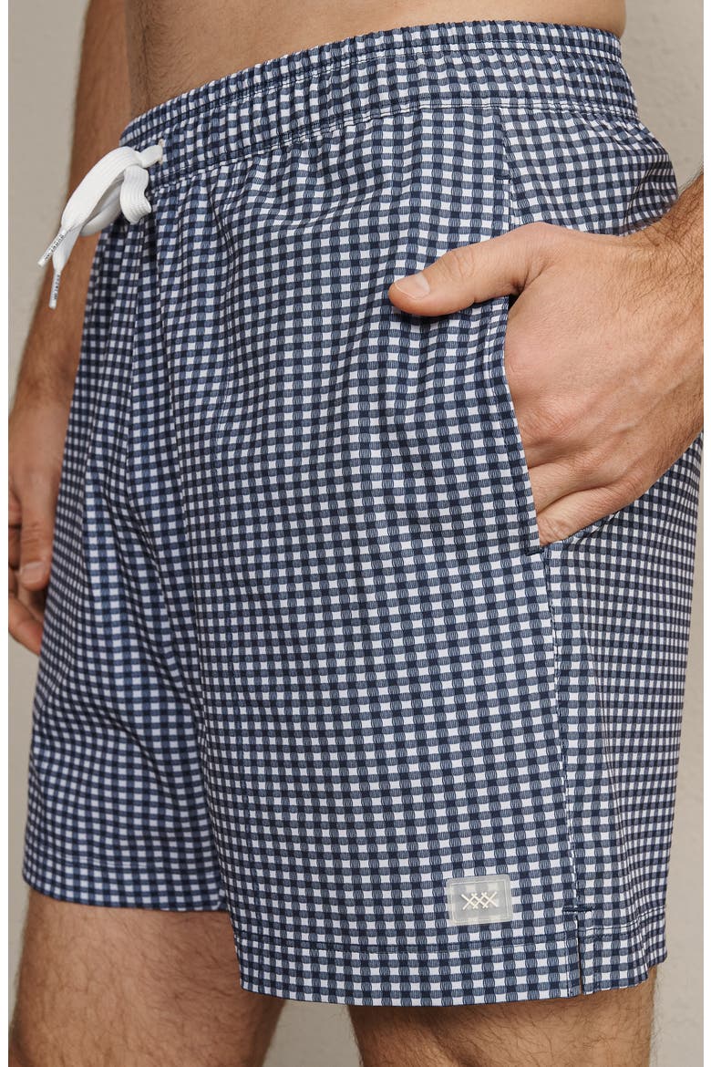 5.5-Inch Water Repellent Swim Trunks, Alternate, color, NAVY GINGHAM