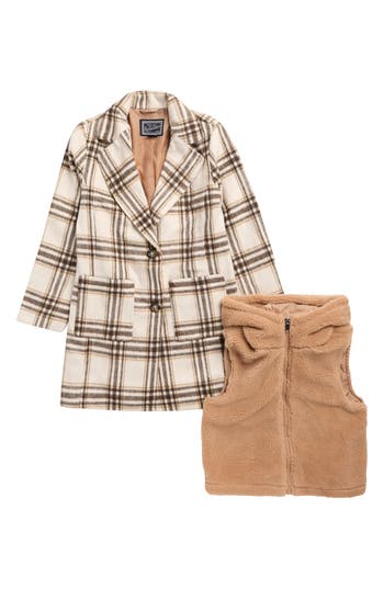 Rothschild Kids' Plaid Jacket & Faux Fur Vest Set In Brown