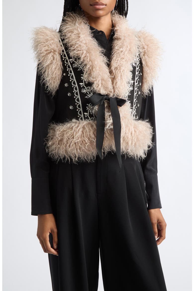 Amaranthe Faux Fur Trim Embroidered Vest, Main, color, BLACK/ DARK GARDENIA