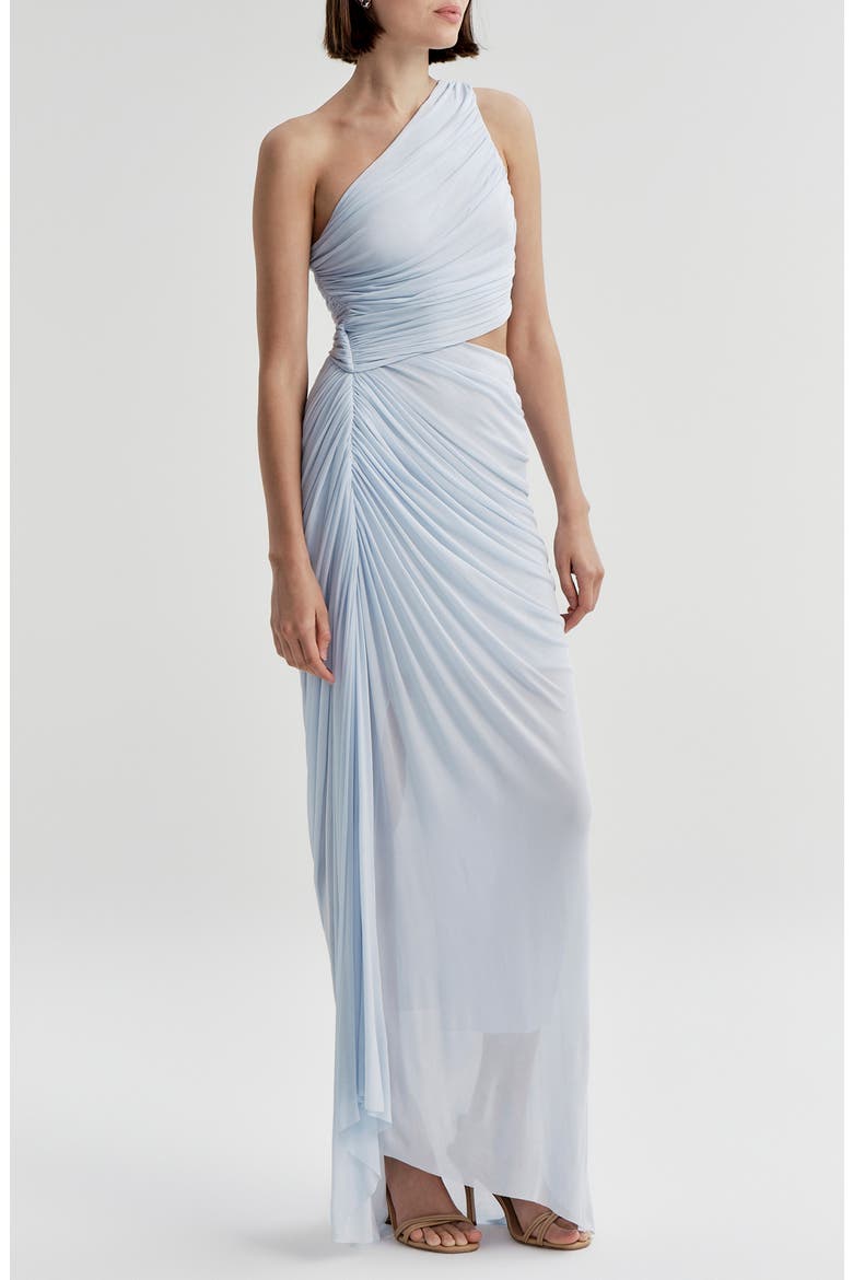 Cleo One-Shoulder Cutout Detail Asymmetric Mesh Maxi Dress, Alternate, color, SKY BLUE