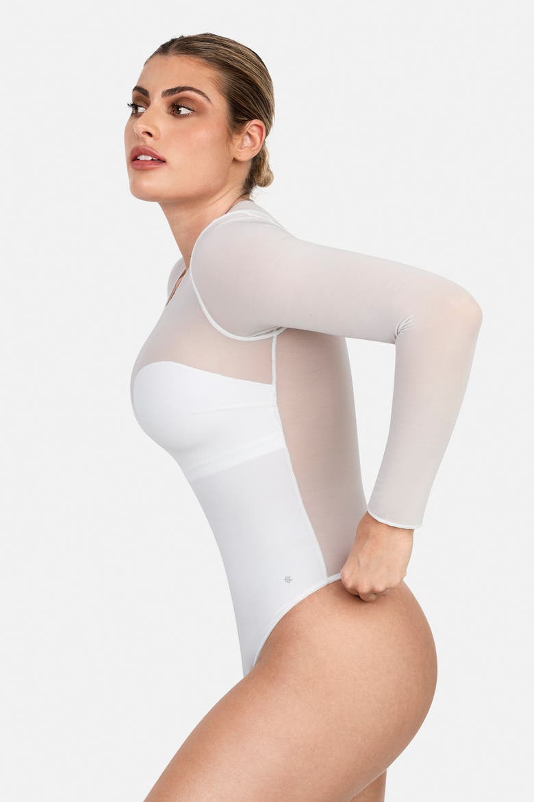 Sheer Mesh Sultry Date Night & Cocktail Long Sleeve Bodysuit, Alternate, color, Ivory