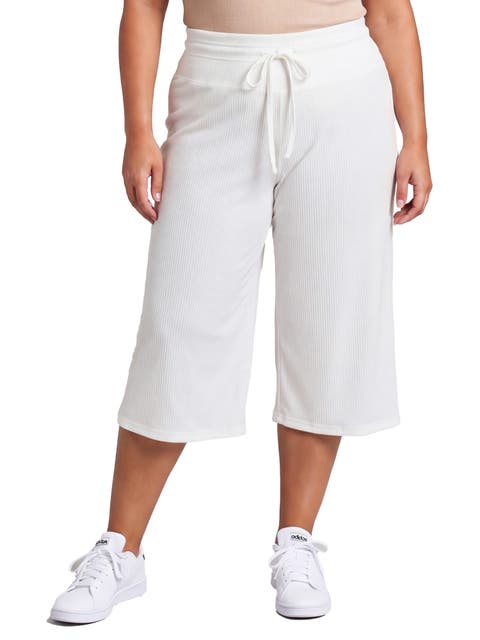 Curvy Basic Ribbed Knit Drawstring Flared Capri Pants