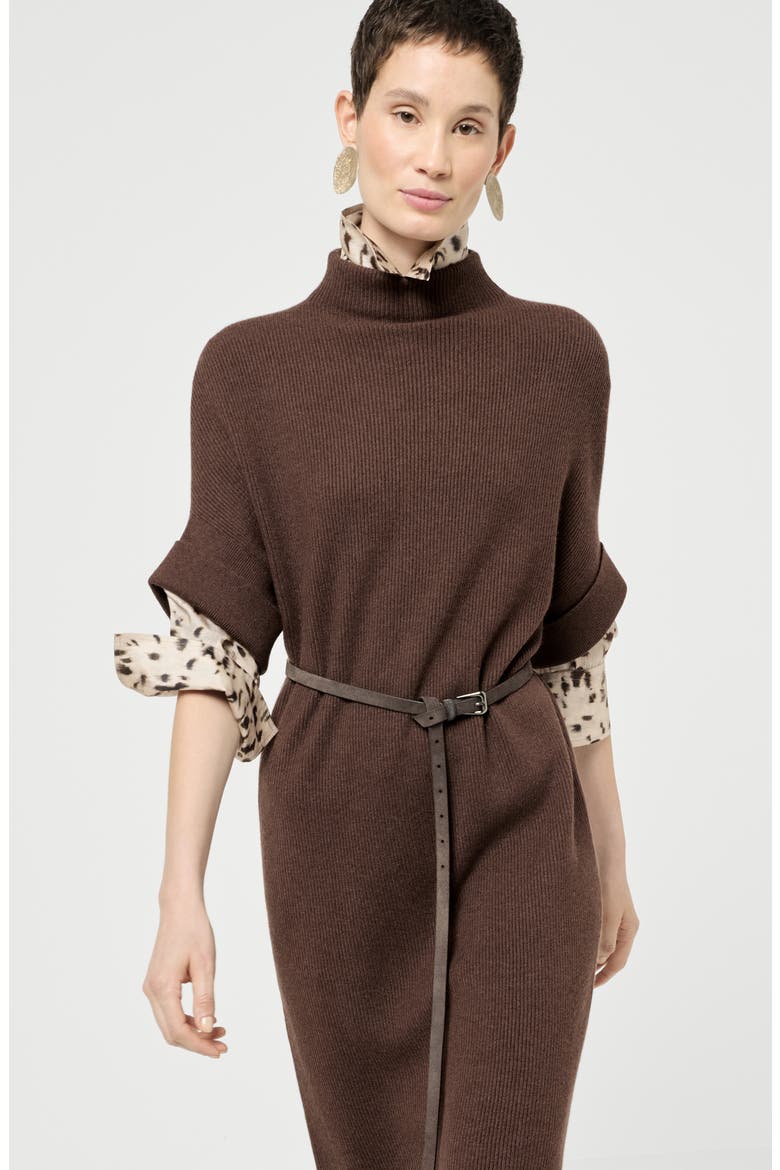 Cashmere rib knit mock neck dress, Alternate, color, Brown