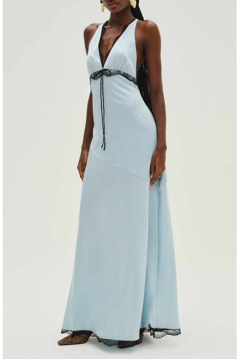 Mariella Lace Trim Satin Maxi Dress, Alternate, color, BLUE
