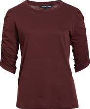 Veronica Beard Waldorf Ruched Sleeve Cotton Slub Top