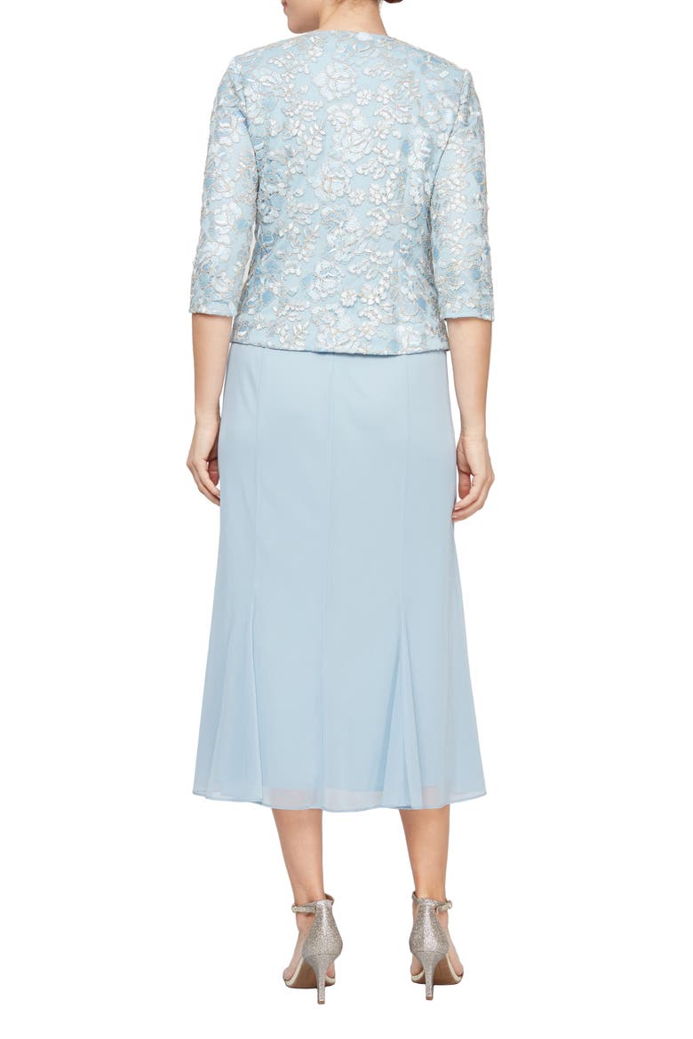 Lace Bodice Godet Midi Dress with Jacket, Alternate, color, LIGHT BLUE