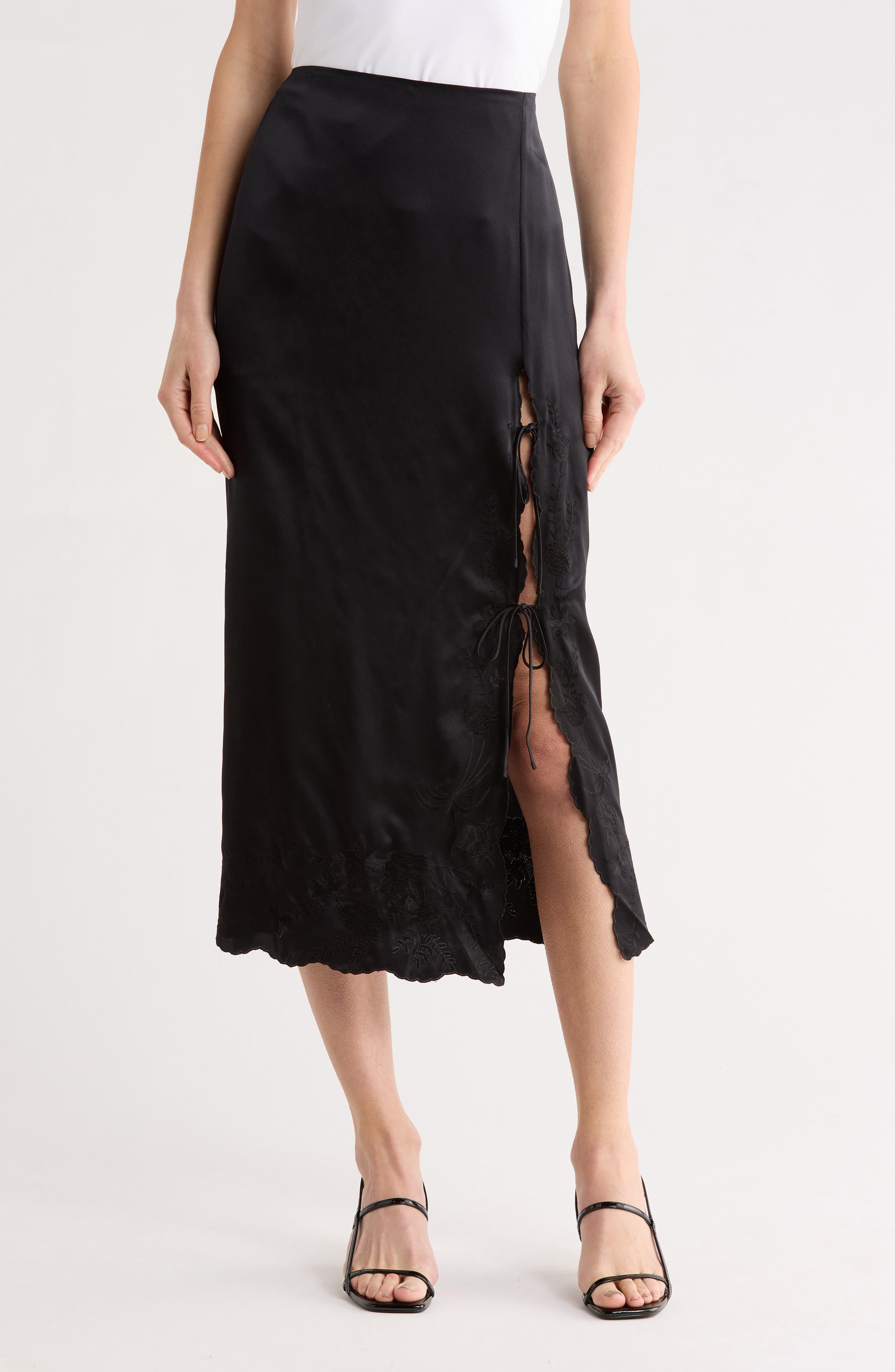 Reformation Mira Lace Trim Silk Midi Skirt In Black