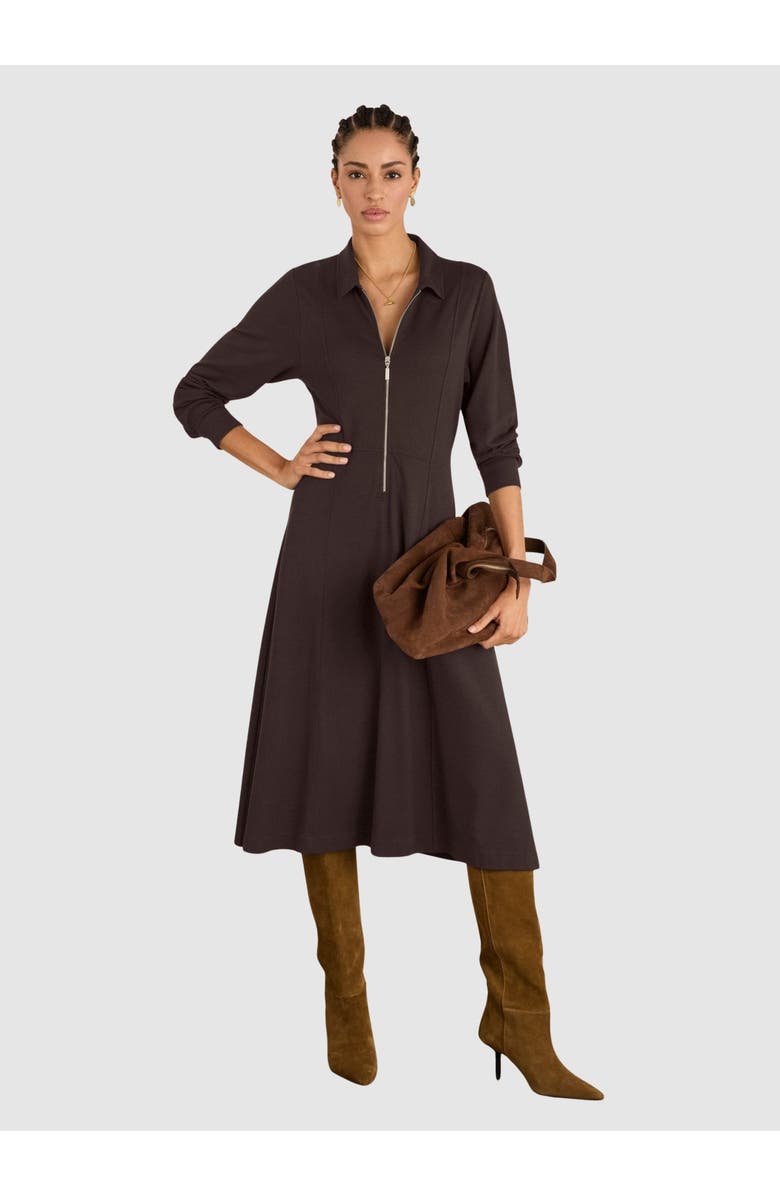 Baukjen Mariposa Ponte Zip Front Midi Dress, Main, color, Dark Chocolate