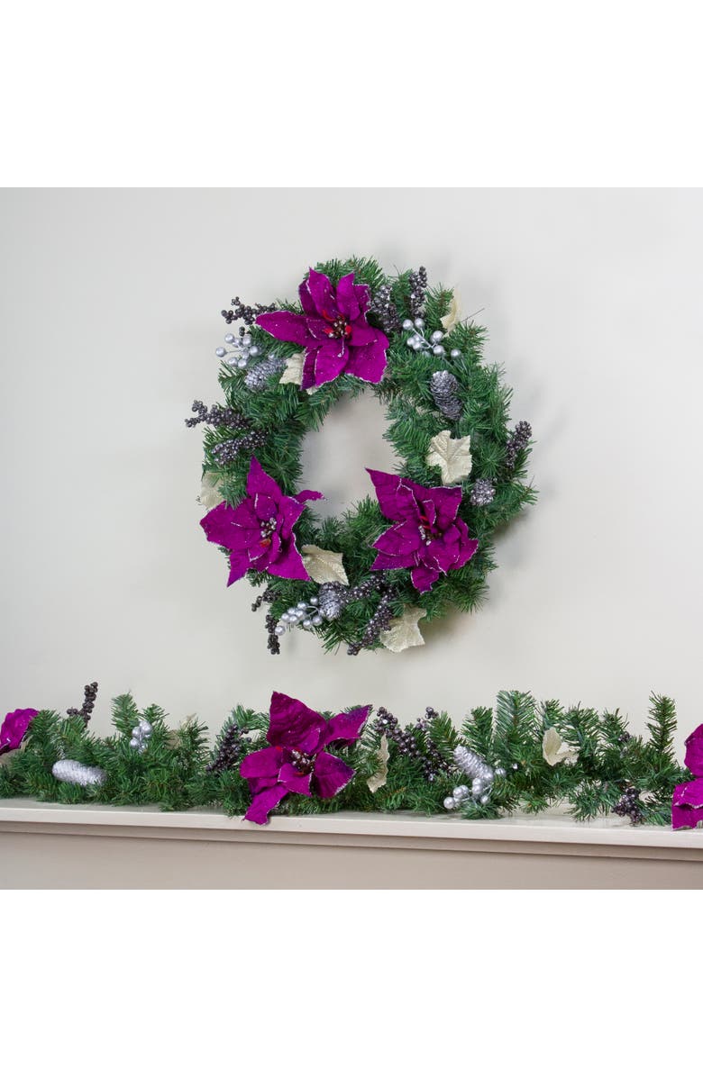 Northlight Poinsettia and Pine Cone Berries Artificial Christmas Wreath - 24" - Purple - Unlit, Alternate, color, Purple
