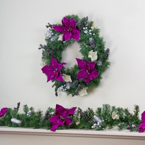 Northlight Poinsettia And Pine Cone Berries Artificial Christmas Wreath In Purple