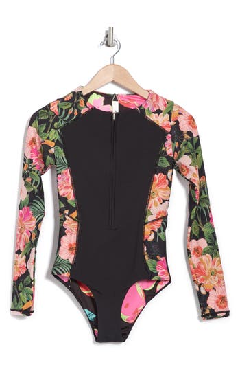 Maaji Grandma's Vintage Triton Long Sleeve Reversible One-piece Rashguard Swimsuit In Black