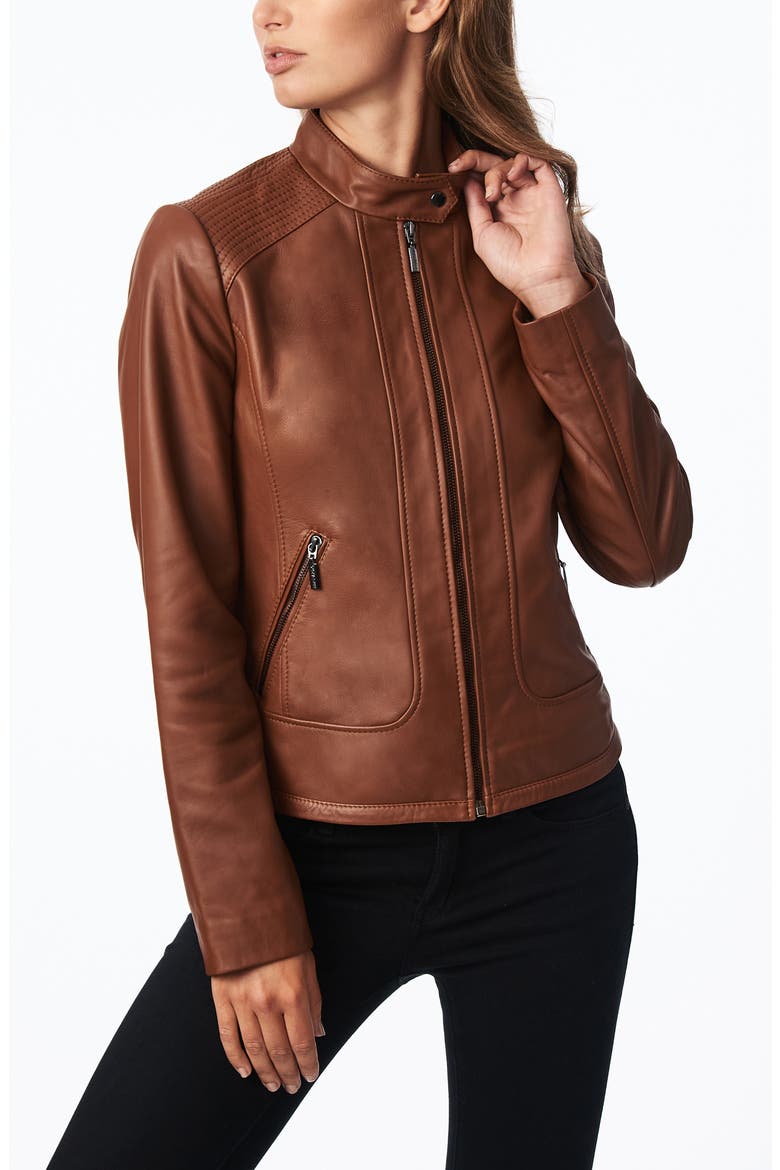 Stitch Detail Sheepskin Leather Racer Jacket, Alternate, color, BROWN SUGAR