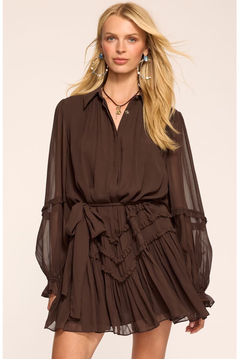 Maya Ruffle Detail Long Sleeve Silk Mini Shirtdress, Alternate, color, HERITAGE BROWN