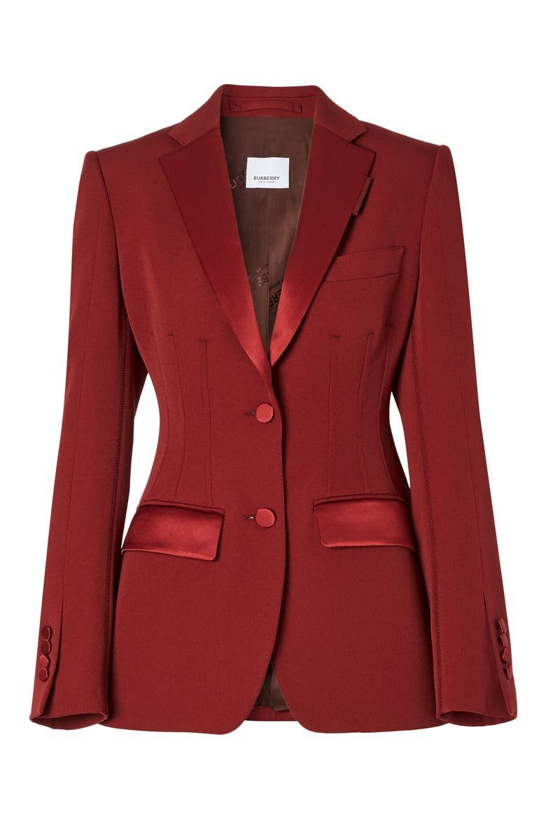 Otelia Satin Trim Wool Tuxedo Jacket, Alternate, color, DARK CARMINE