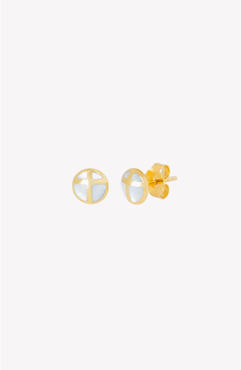 Rizen Jewelry Mother Of Pearl Cross Dome Stud Earrings, Alternate, color, 18K Gold Plated
