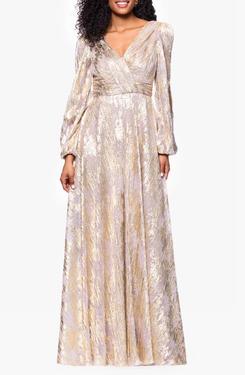 Metallic Crinkle Print Long Sleeve A-Line Gown