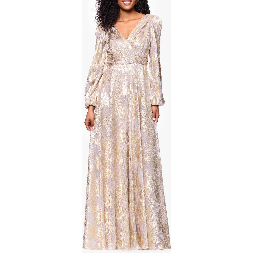 Betsy & Adam Metallic Crinkle Print Long Sleeve A-line Gown In Pink
