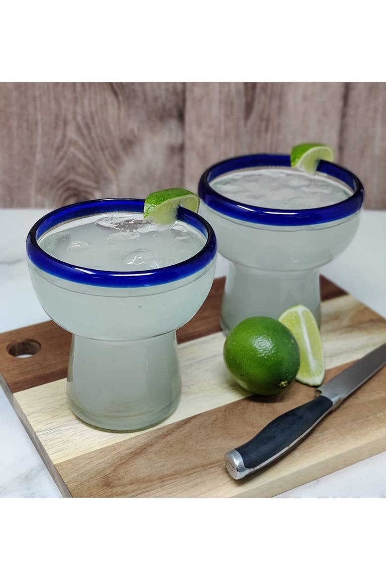 Hand Blown Stemless Margarita Glasses - Set of 4, Alternate, color, Cobalt Rim
