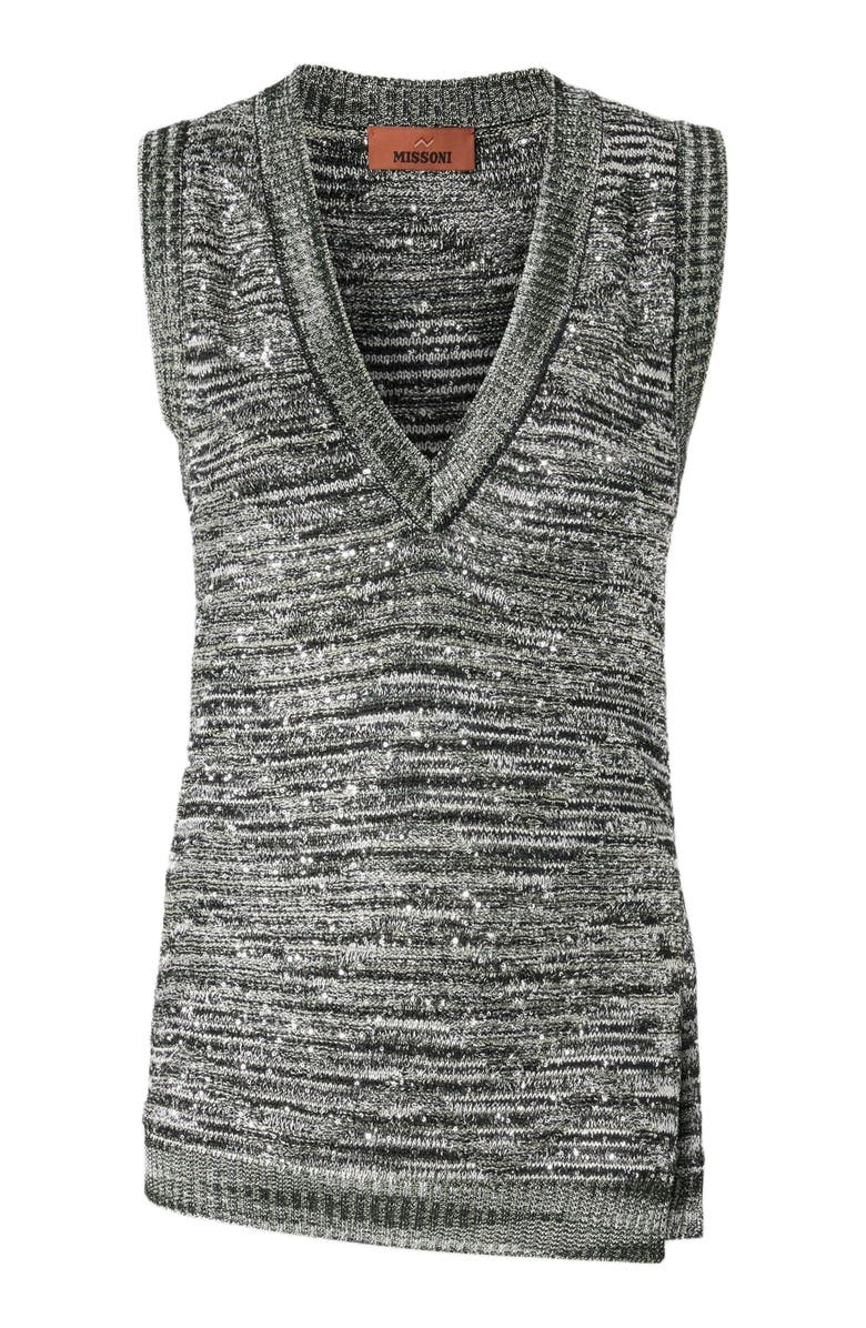 Missoni Sleeveless Top In Slub Knit With Sequins And V-neck, Alternate, color, Green & Black