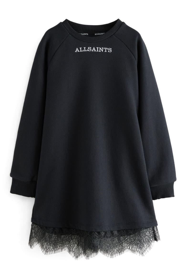 Kids' Lee Lace Trim Long Sleeve Sweatshirt Dress, Main, color, BLACK