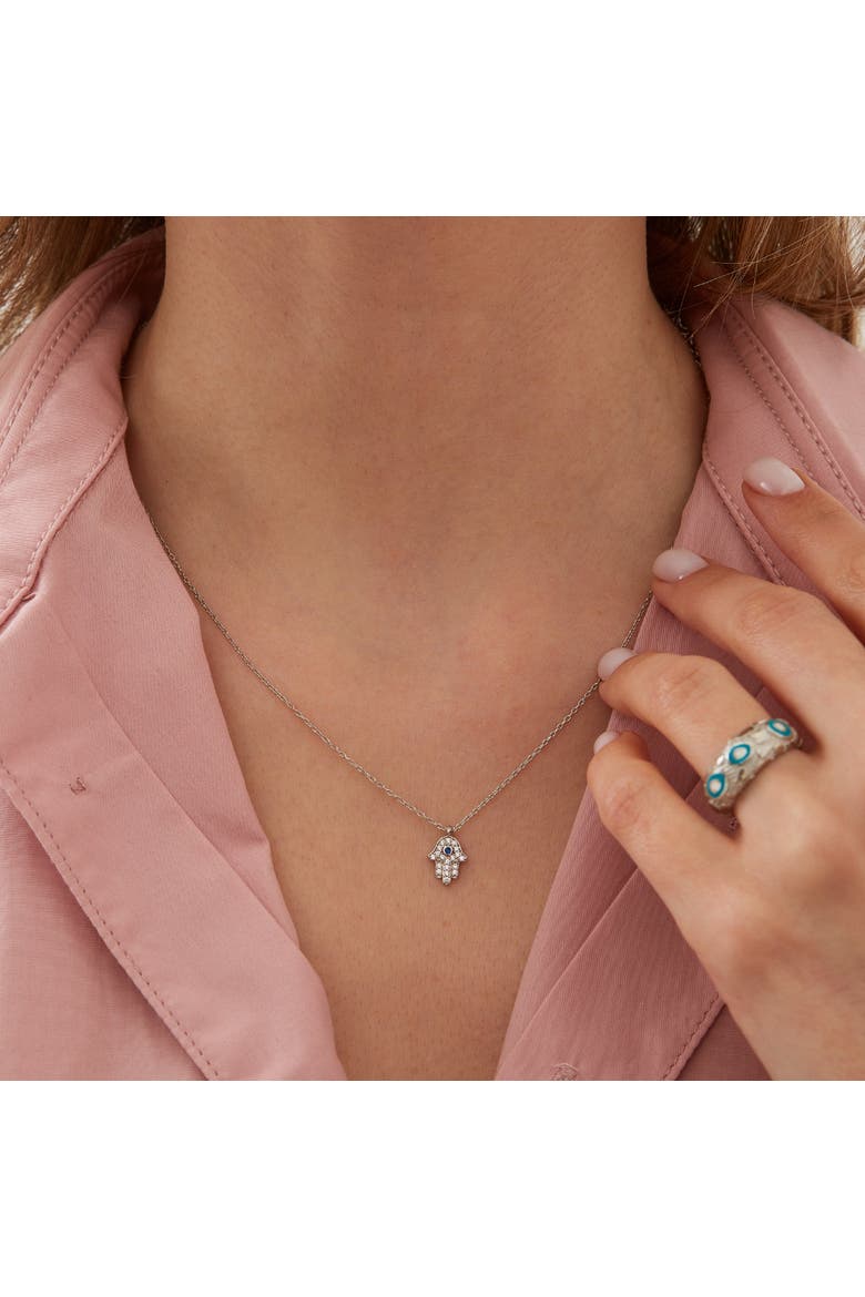 Hamsa Hand Necklace Sterling Silver With Blue Stone, Alternate, color, Silver