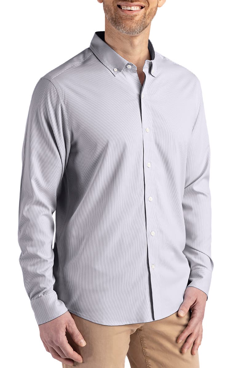 Cutter & Buck Skyline Epic Confidence Stripe Stretch Button-Down Shirt, Alternate, color, Elemental Grey/White