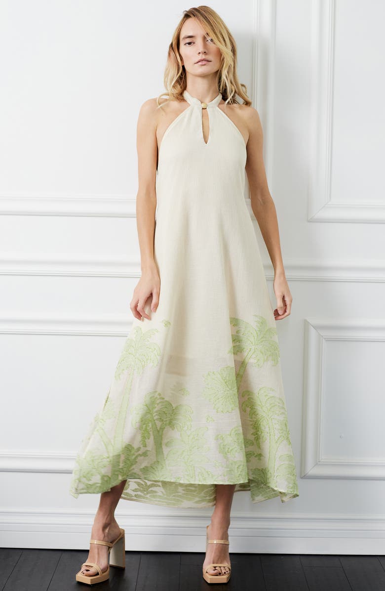 CIEBON Nahara Print Halter Maxi Dress, Alternate, color, Cream/ Green