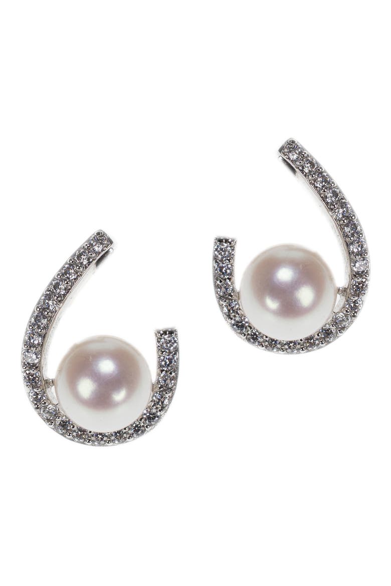 Resting 8.5-9mm Pearl CZ Loop Statement Earrings, Main, color, WHITE/CLEAR/SILVER