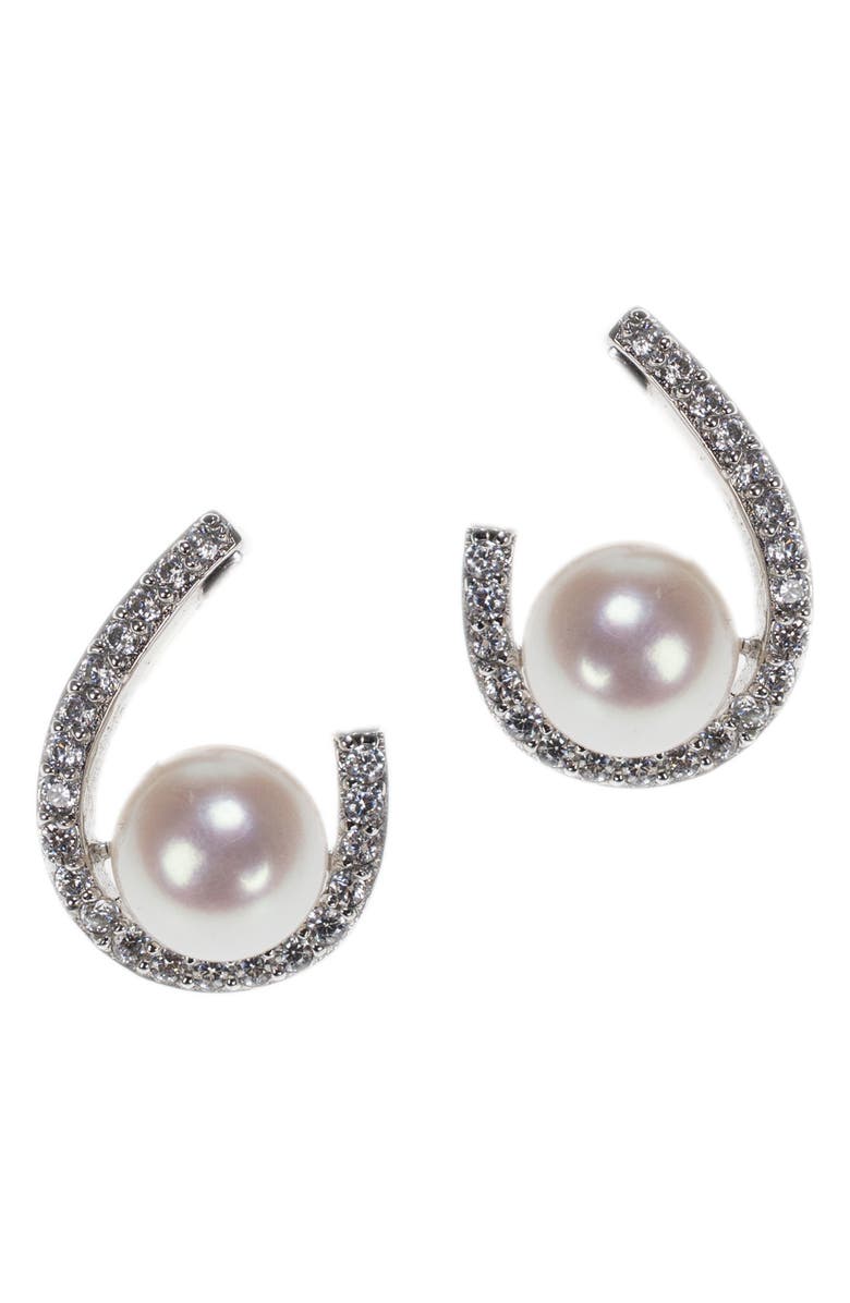 CZ by Kenneth Jay Lane Resting 8.5-9mm Pearl CZ Loop Statement Earrings, Main, color, 