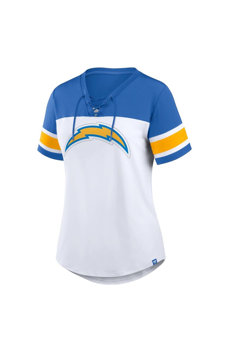 FANATICS Women's Fanatics White/Powder Blue Los Angeles Chargers Athena Rhinestone Lace-Up V-Neck T-Shirt, Alternate, color, White