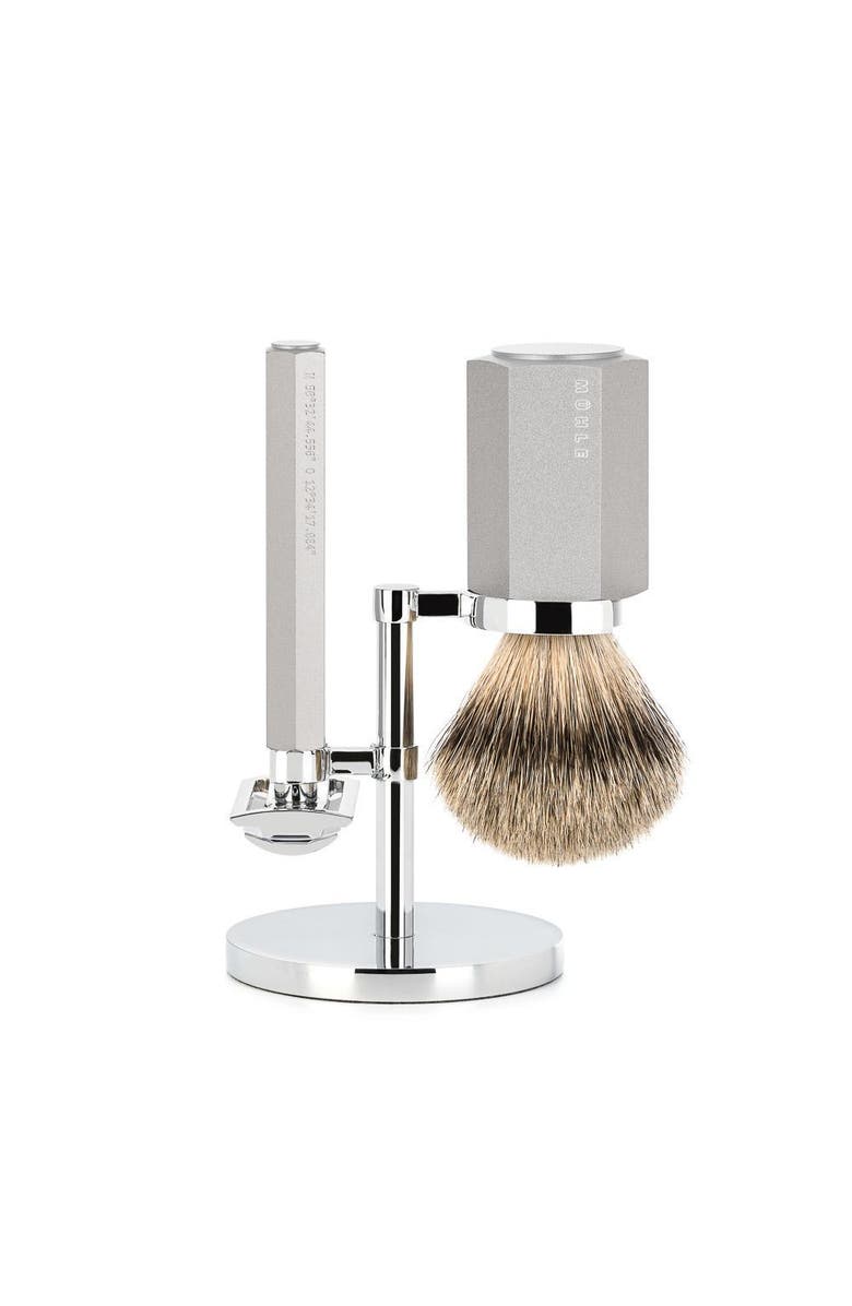 MÜHLE Hexagon Anodized Silver Silvertip Badger 3-Piece Shaving Set, Main, color, 
