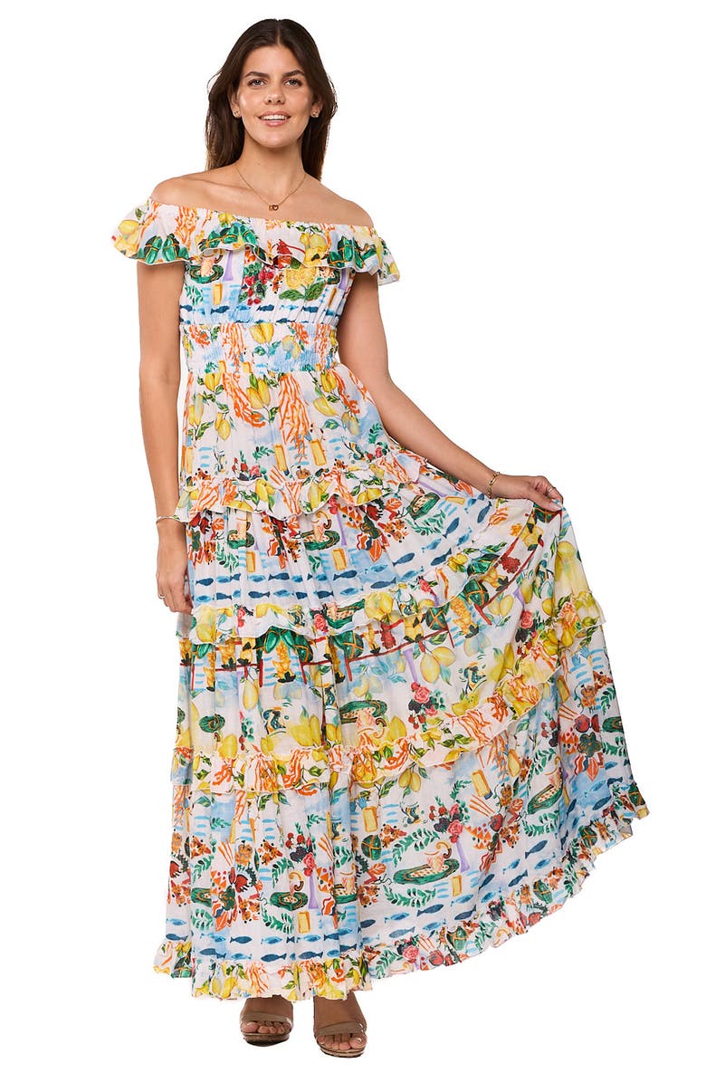 RANEES Off the Shoulder Ruffle Maxi Dress, Alternate, color, Blue