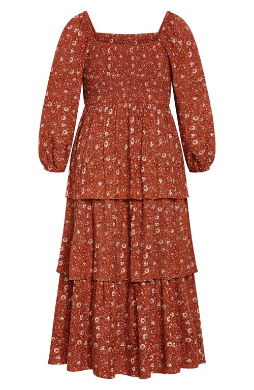 City Chic Dahlia Smocked Long Sleeve Tiered Maxi Dress In Spice Ditsy