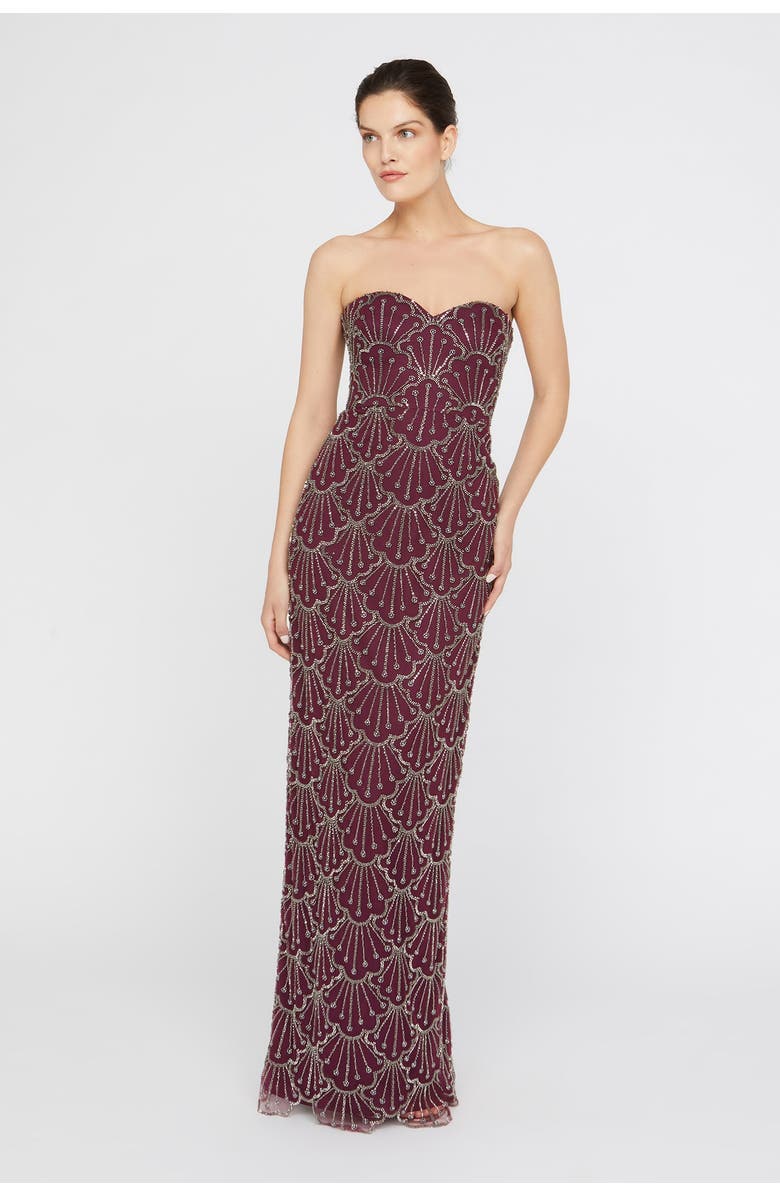 Theia Tessa Strapless Beaded Sweetheart Neckline Mesh Column Gown, Alternate, color, Oxblood