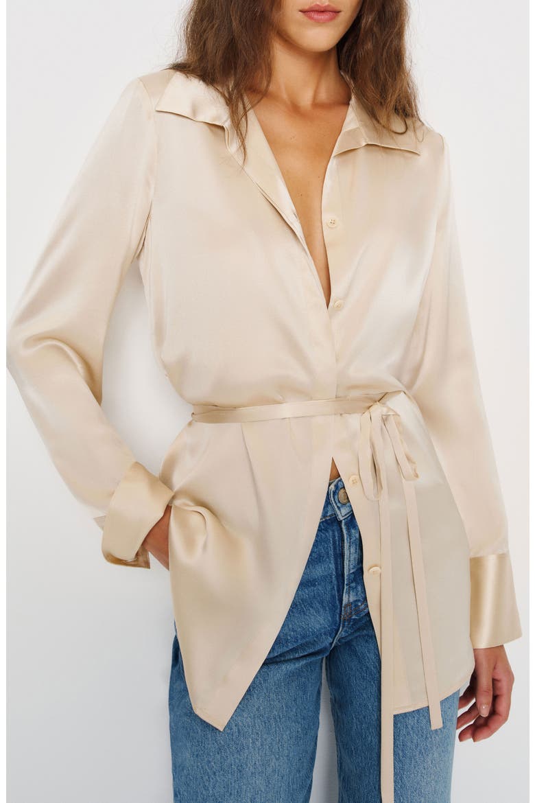 Camilla Tie Waist Silk Shirt, Main, color, ALMOND