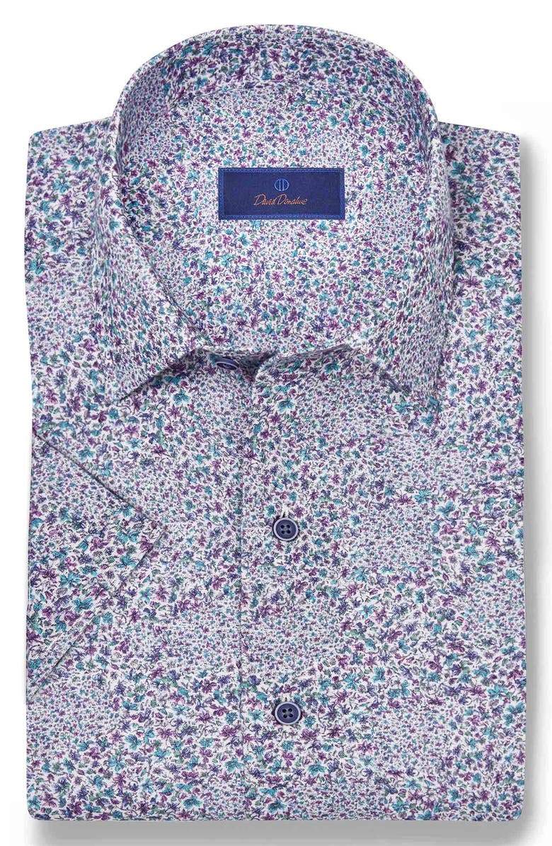 David Donahue Micro Floral Print Short Sleeve Linen & Cotton Shirt, Main, color, 