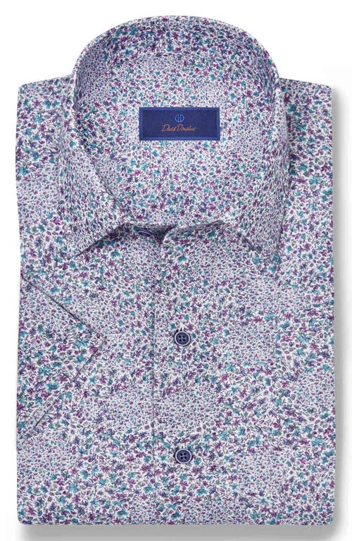 David Donahue Micro Floral Print Short Sleeve Linen & Cotton Shirt In Lilac/mult