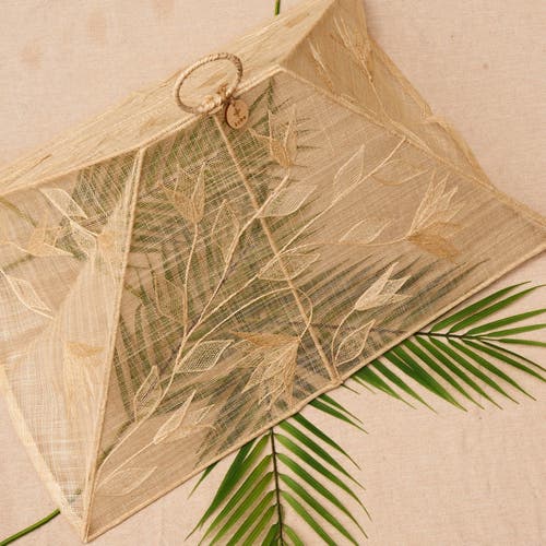 Kubo Ylang Abaca Foldable Food Cover With Flower Applique In Neutral