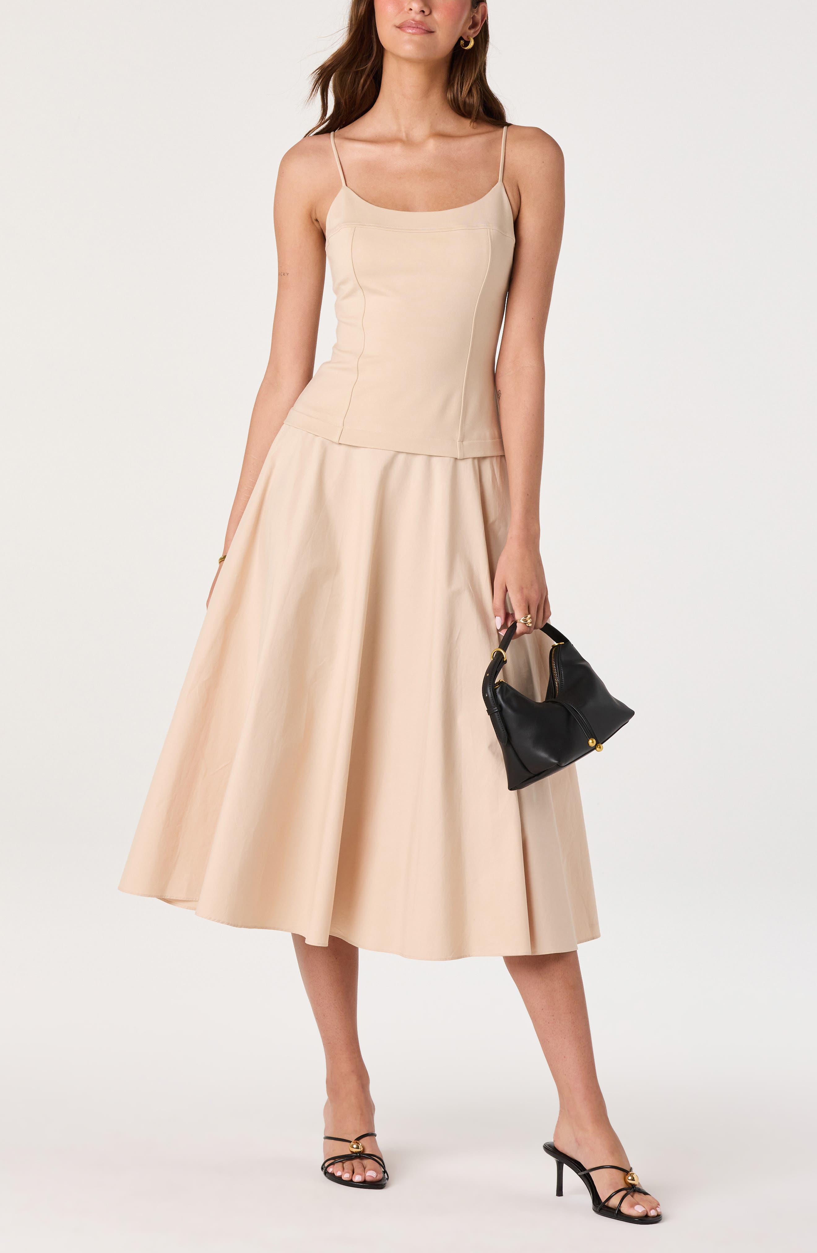 belted mixed media flare dress ME+EM Polo-Collar Belted Midi Dress