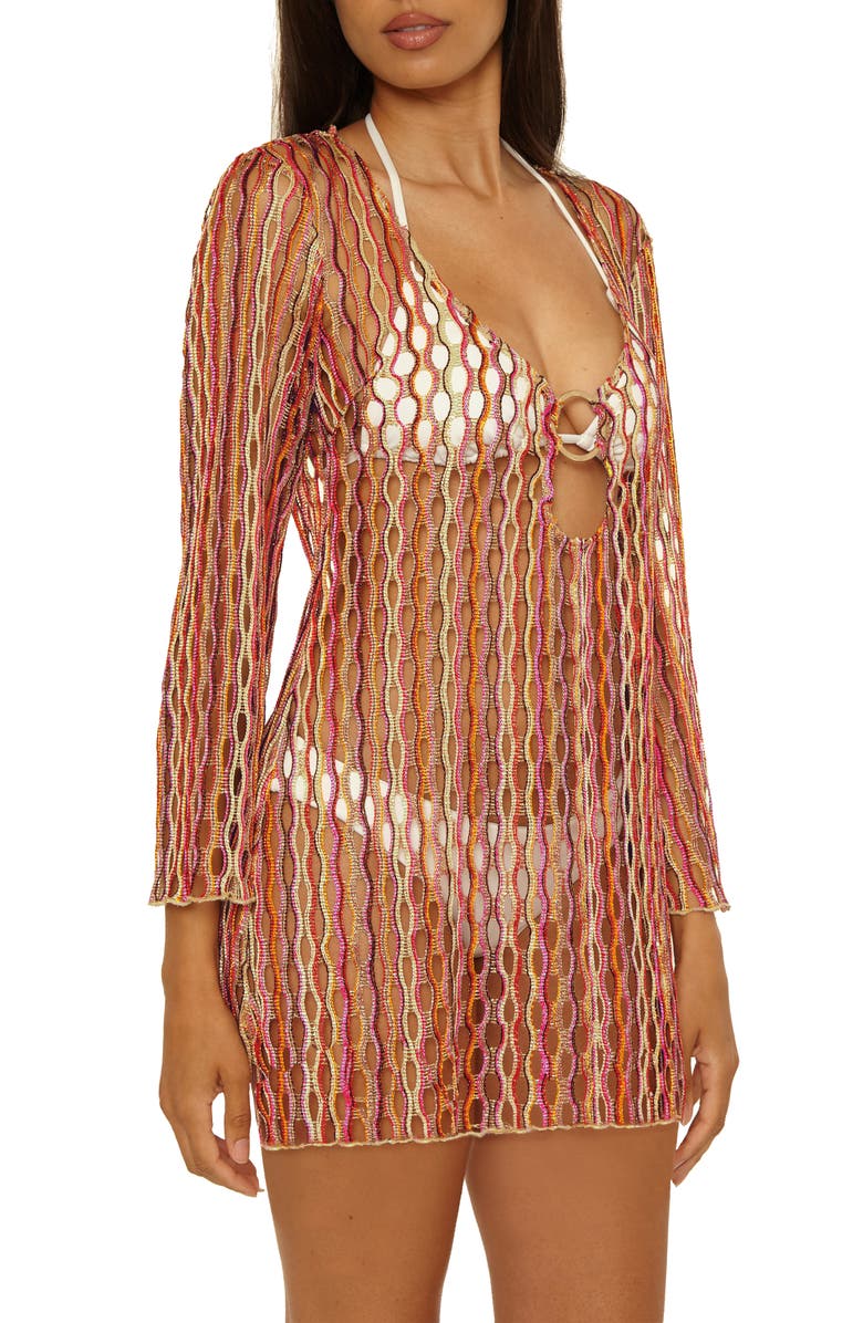 Becca Desert Dancer Metallic Long Sleeve Sheer Cover-Up Dress, Alternate, color, Caliente Multi