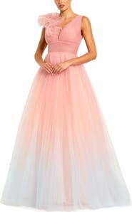 Mac Duggal Ruffle Shoulder V Neck Ombre Tulle Ballgown