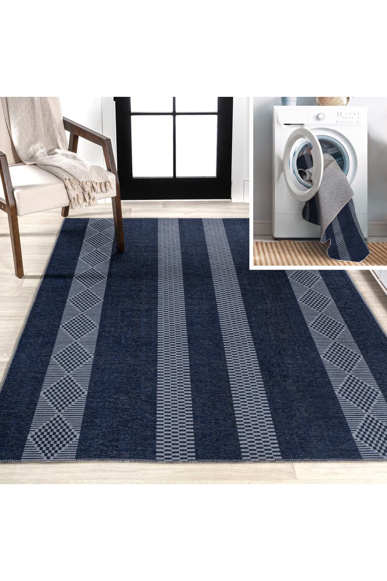 Nautisk Trellis Stripe Machine-Washable Area Rug, Main, color, Navy/Gray