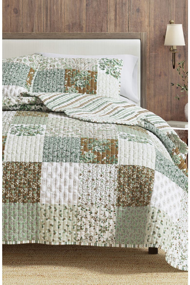 Summer Lodge Reversible Quilt Set, Main, color, GREEN FLORAL GRID/ BROWN