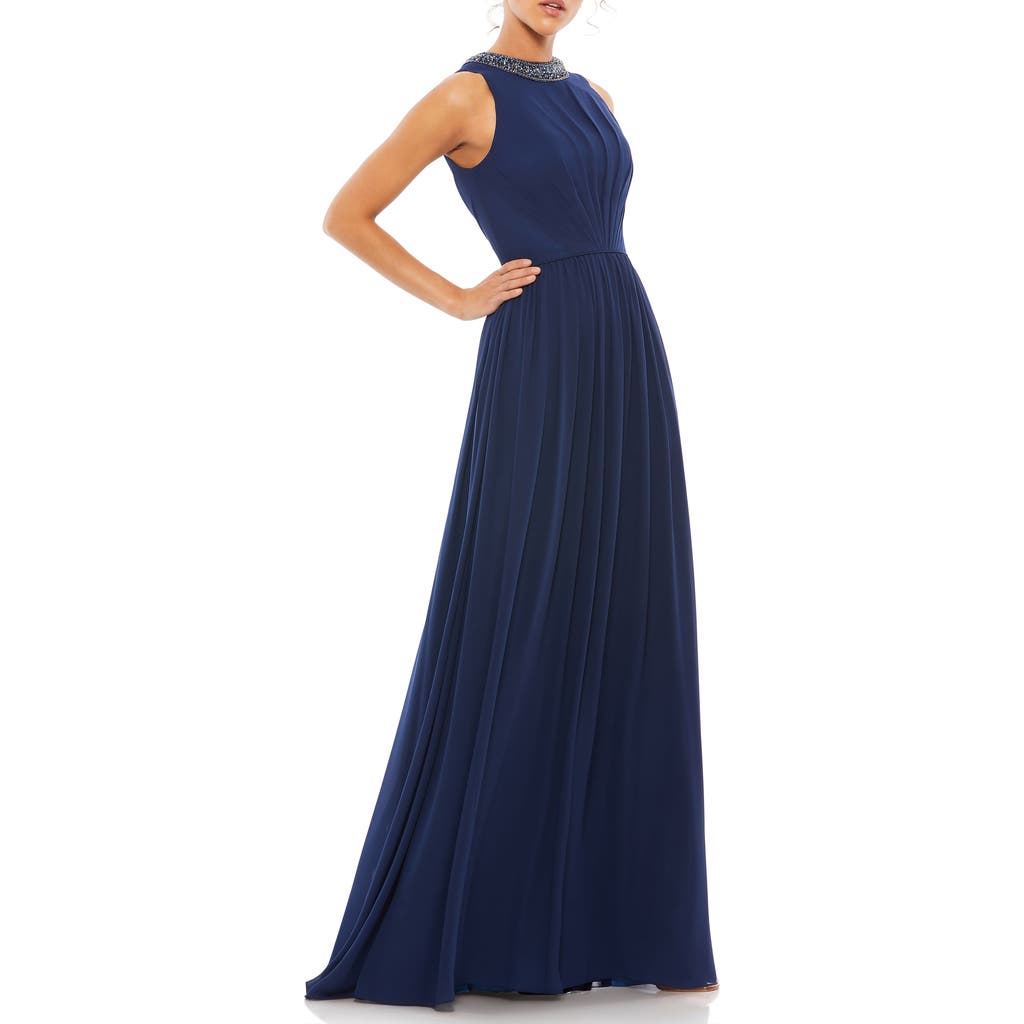 Mac Duggal Bejeweled Neckline Pleated Chiffon Gown In Midnight