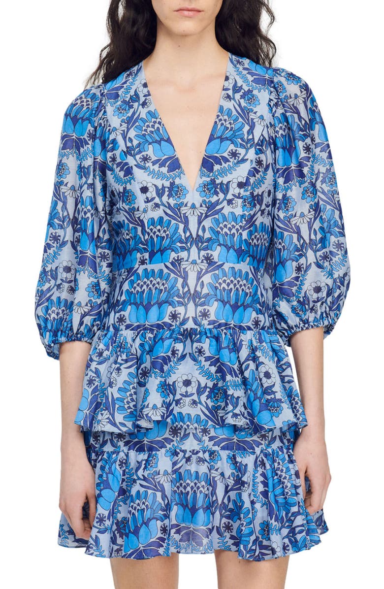 SANDRO Eyana Tiered Linen Blend Dress, Main, color, Bleu