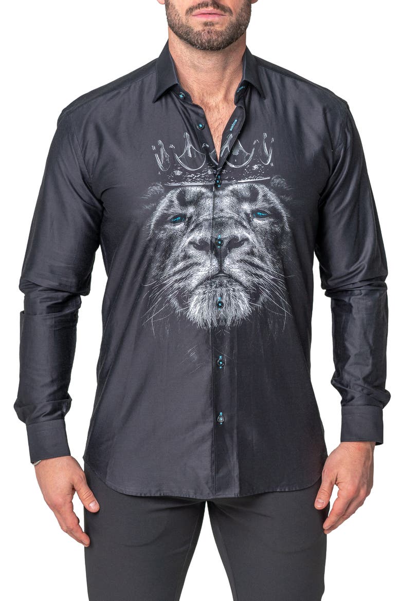 Fibonacci Lion Crown Regular Fit Cotton Blend Button-Up Shirt, Main, color, BLACK