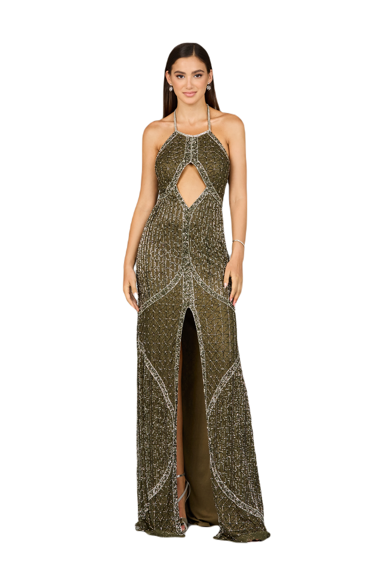 LARA New York Symmetrical Halter Neck Beaded Gown, Main, color, Olive