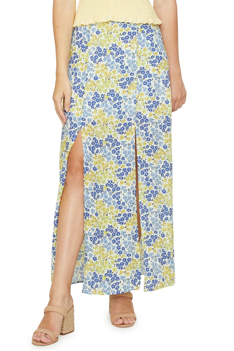 Blossom and Bloom Floral Double Slit Maxi Skirt, Main, color, BLUE YELLOW FLORAL