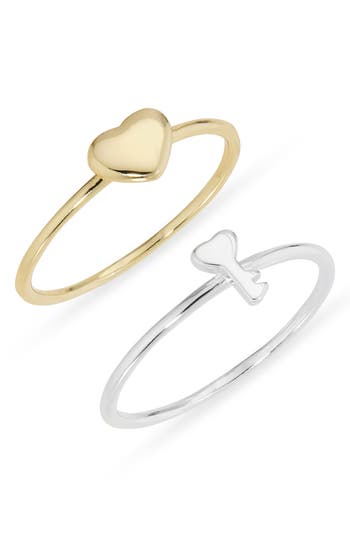 Argento Vivo Set Of 2 Key Heart Open Rings In Gold/silver