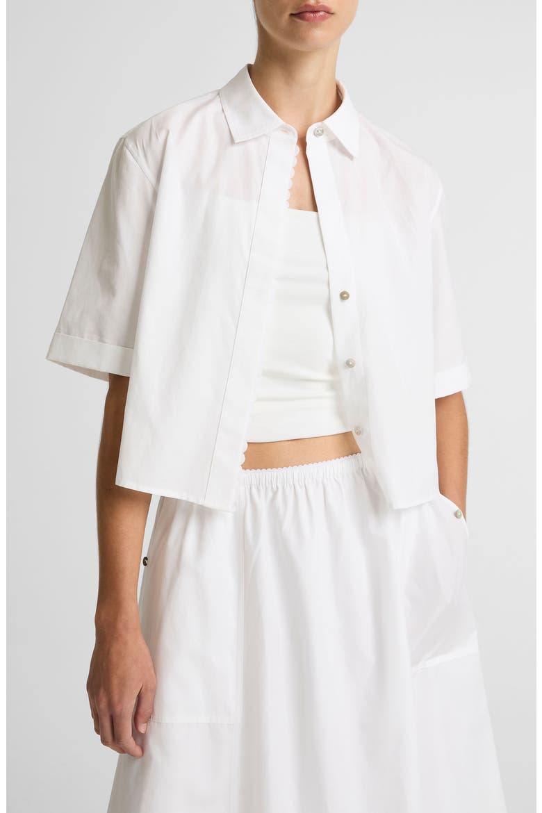 Scallop Detail Short Sleeve Cotton Button-Up Shirt, Main, color, OPTIC WHITE